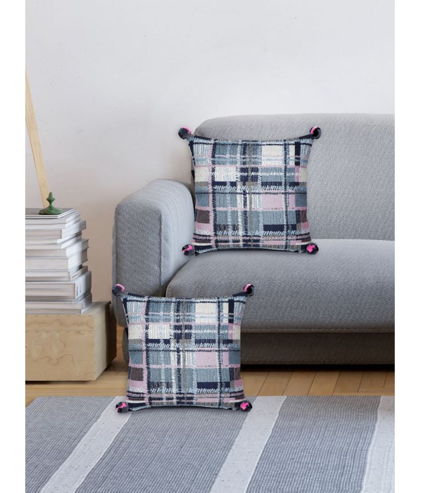     			mezposh Set of 2 Jacquard Big Checks Square Cushion Cover (40X40)cm - Blue