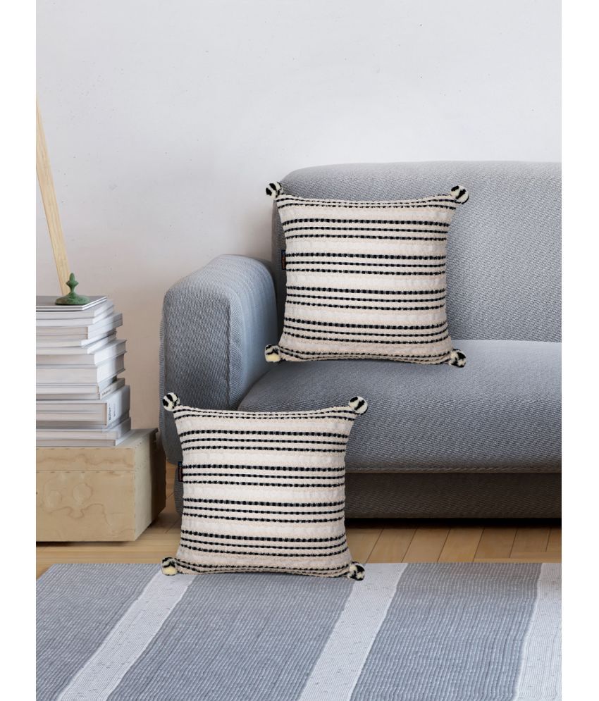     			mezposh Set of 2 Jacquard Horizontal Striped Square Cushion Cover (40X40)cm - Off White