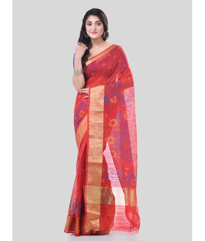     			Desh Bidesh Cotton Blend Self Design Saree With Blouse Piece - Red ( Pack of 1 )