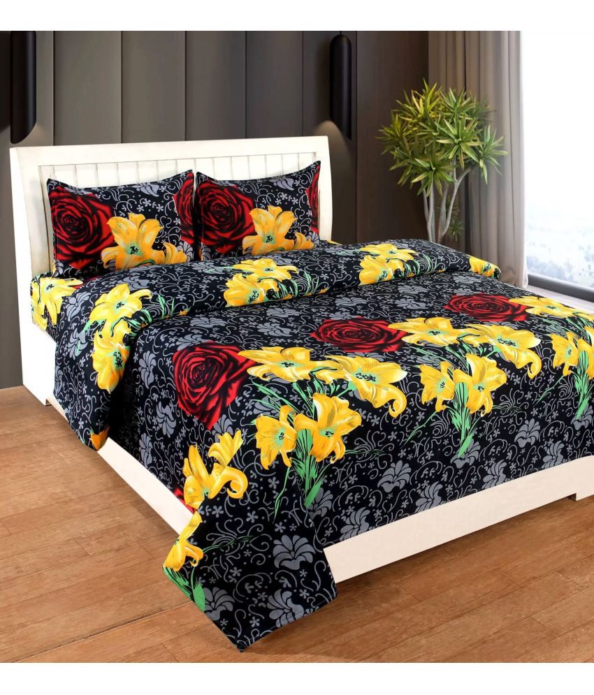     			Exopick Poly Cotton Floral 1 Double Bedsheet with 2 Pillow Covers - Black