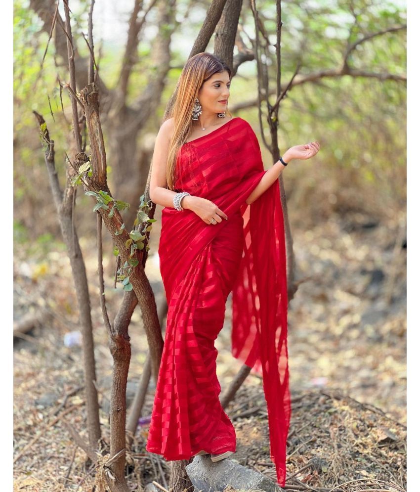     			Kashvi Sarees Satin Striped Saree Without Blouse Piece - Red ( Pack of 1 )