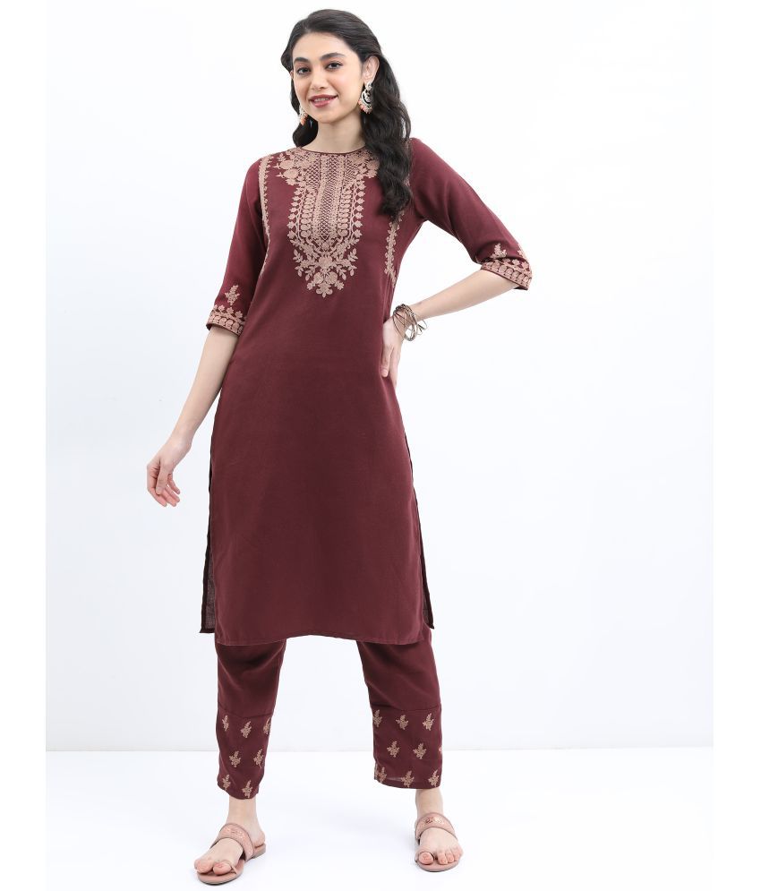     			Ketch Polyester Embroidered Kurti With Palazzo Women's Stitched Salwar Suit - Burgundy ( Pack of 1 )