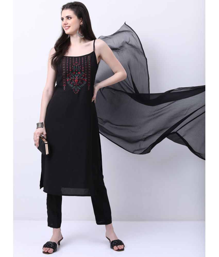    			Ketch Polyester Embroidered Kurti With Pants Women's Stitched Salwar Suit - Black ( Pack of 1 )