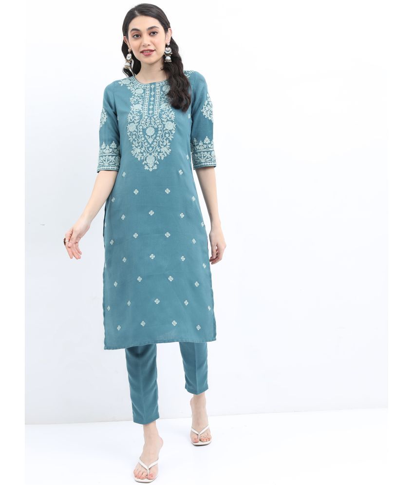     			Ketch Polyester Printed Kurti With Pants Women's Stitched Salwar Suit - Blue ( Pack of 1 )