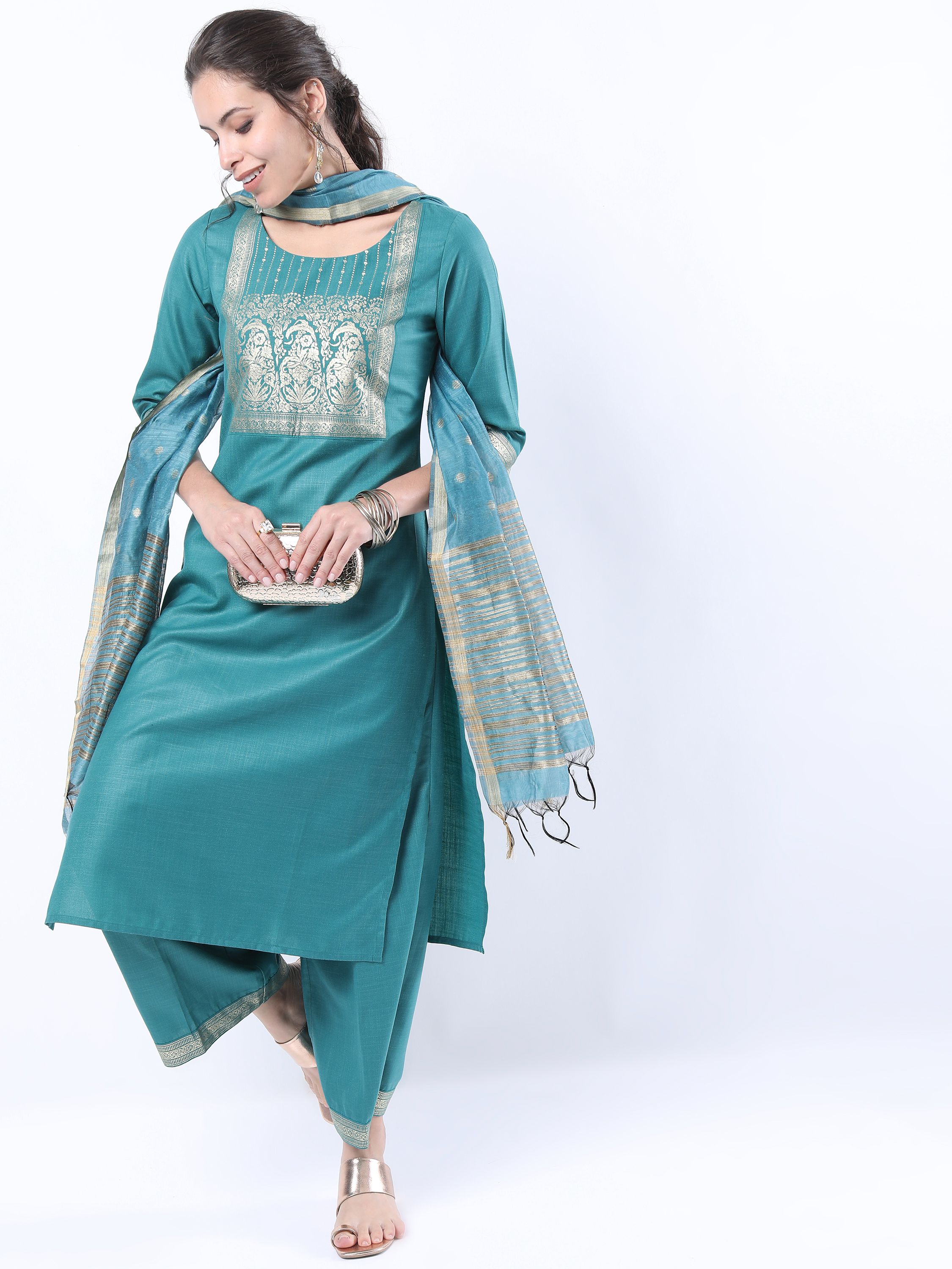     			Ketch Polyester Self Design Kurti With Palazzo Women's Stitched Salwar Suit - Green ( Pack of 1 )