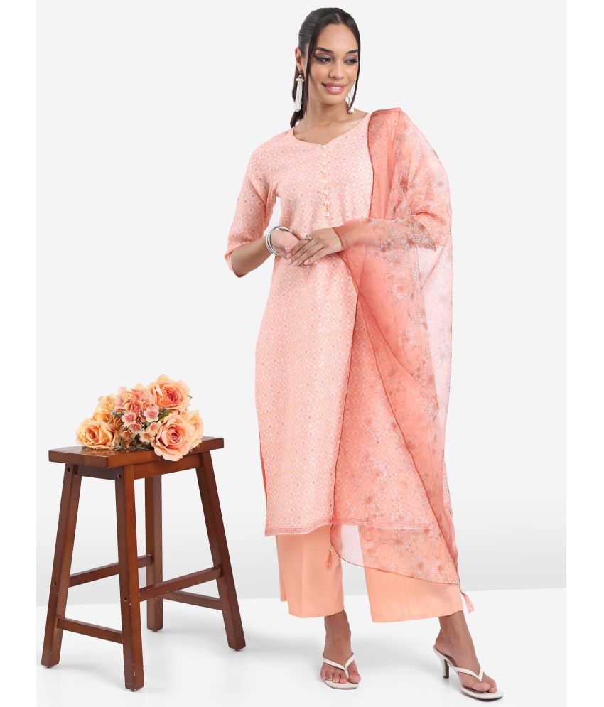     			Ketch Polyester Self Design Kurti With Palazzo Women's Stitched Salwar Suit - Peach ( Pack of 1 )
