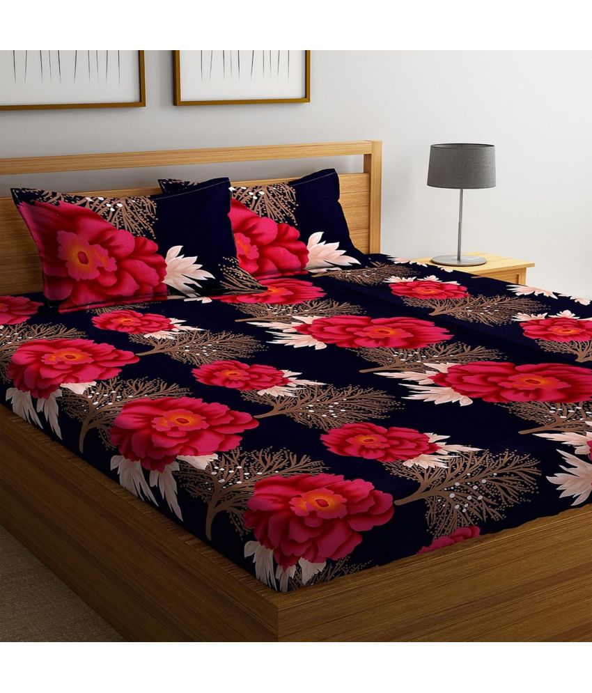     			Modefe Poly Cotton Floral 1 Double Bedsheet with 2 Pillow Covers - Blue