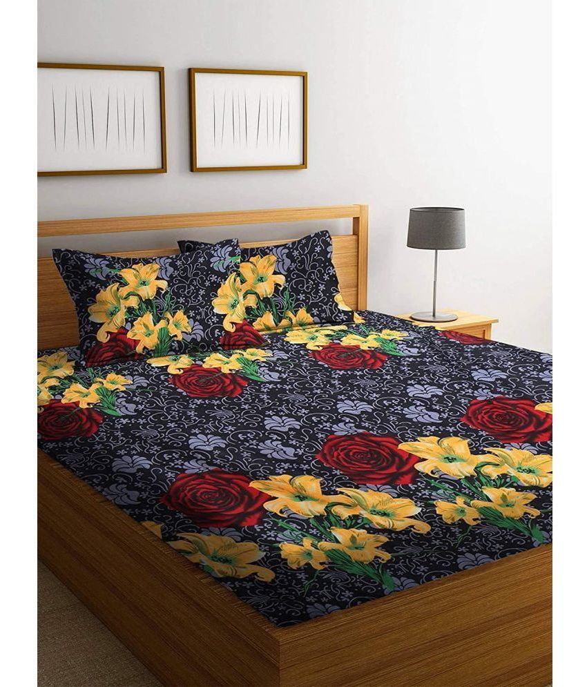     			Modefe Poly Cotton Floral 1 Double Bedsheet with 2 Pillow Covers - Black