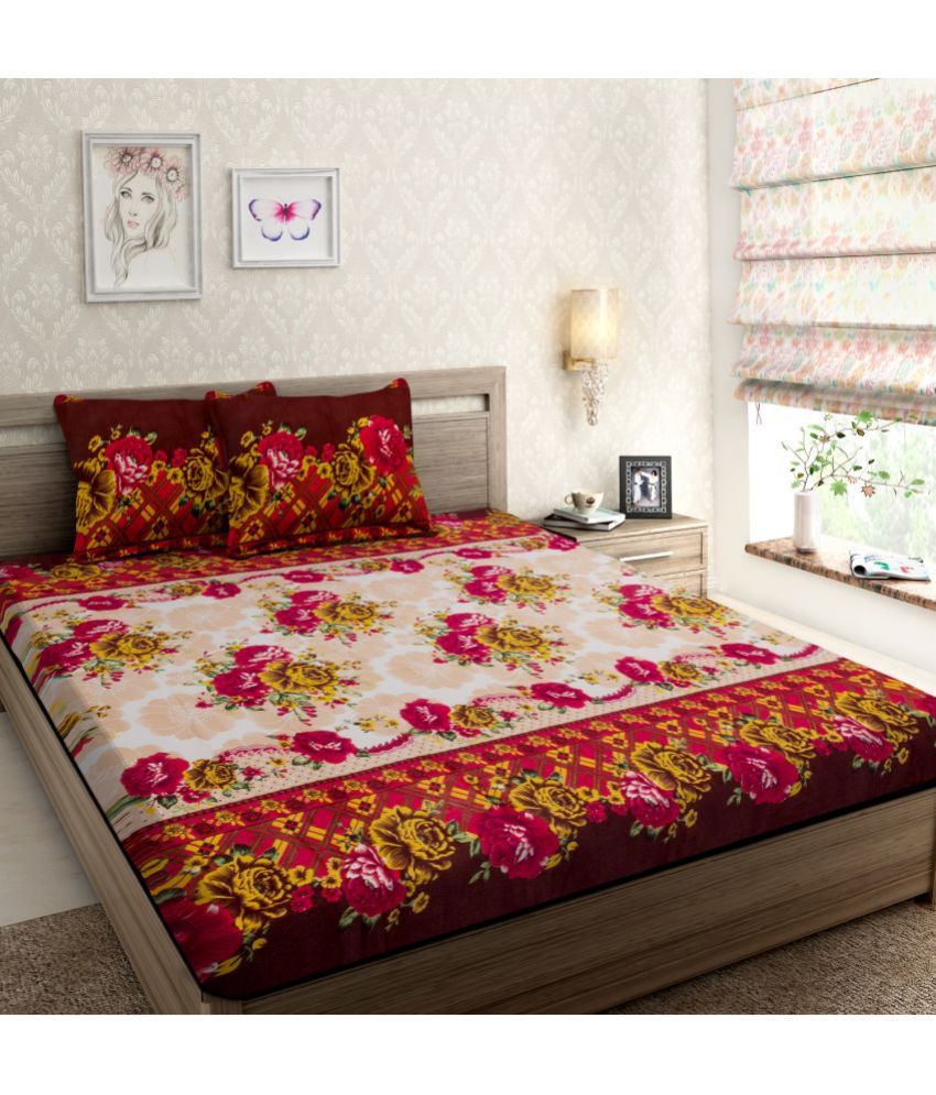     			Modefe Poly Cotton Floral 1 Double Bedsheet with 2 Pillow Covers - Multicolor