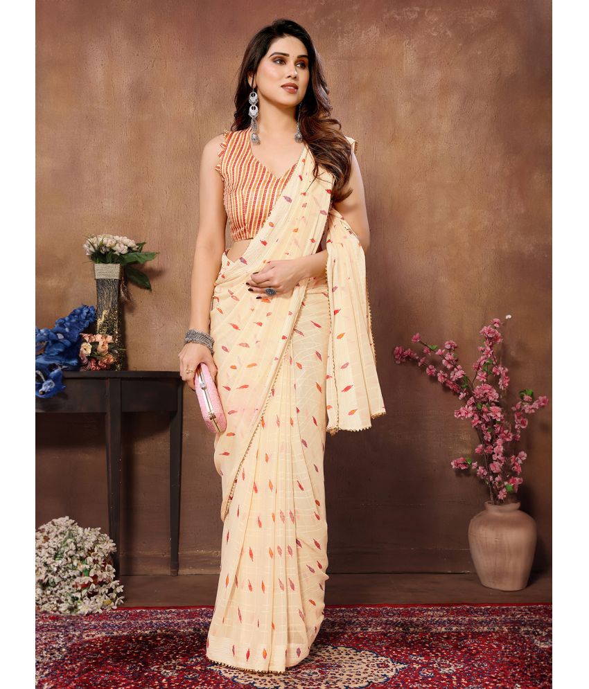     			Rangita Ready To Wear Stitched Georgette Printed Saree With Blouse Piece - Cream