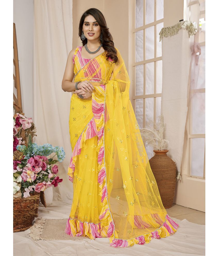     			Rangita Net Embroidered Saree With Blouse Piece - Yellow ( Pack of 1 )