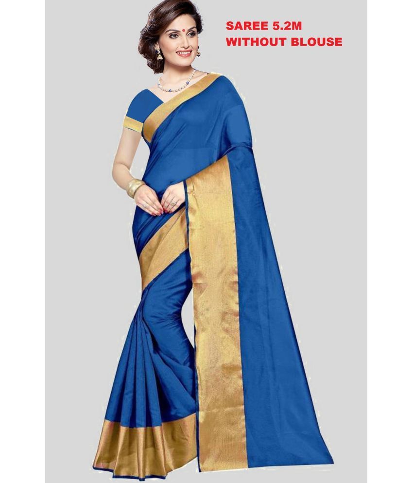     			Saadhvi Cotton Blend Solid Saree Without Blouse Piece - Blue ( Pack of 1 )