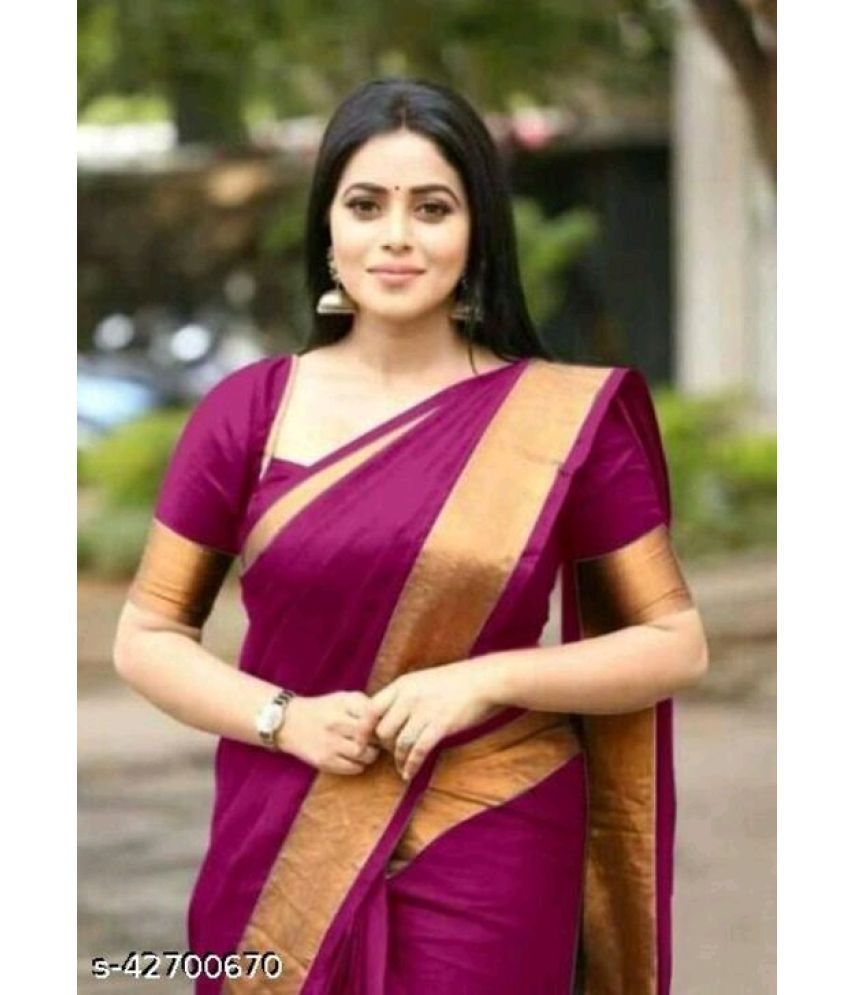     			Saadhvi Cotton Blend Solid Saree With Blouse Piece - Purple ( Pack of 1 )