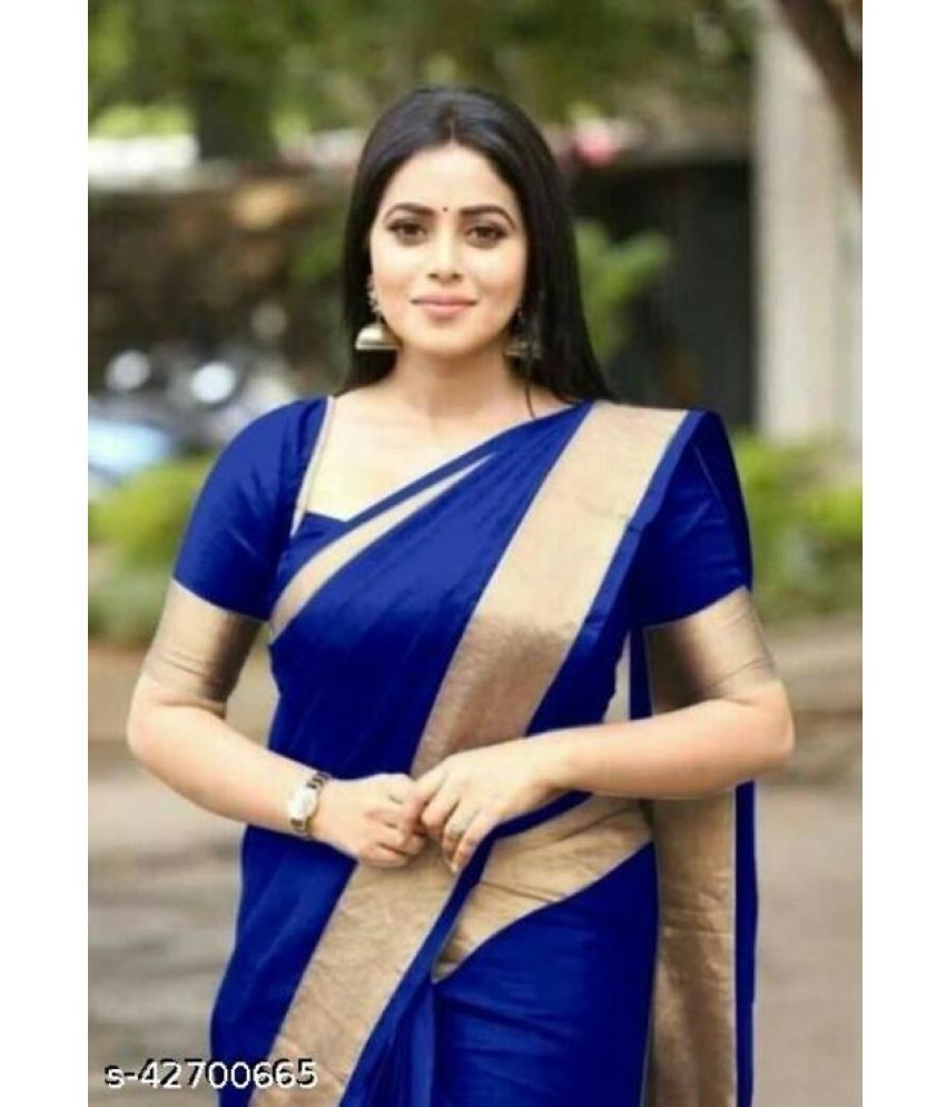     			Saadhvi Cotton Blend Solid Saree With Blouse Piece - Blue ( Pack of 1 )