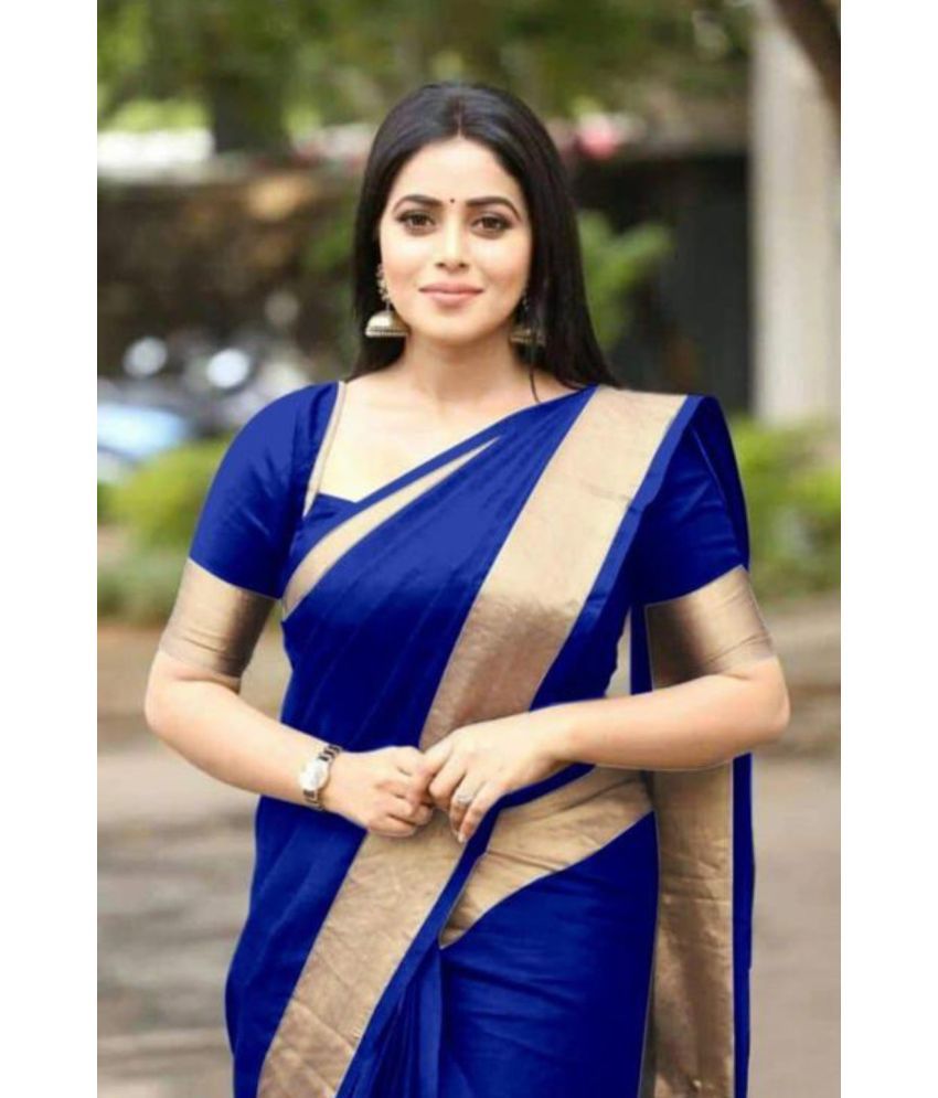     			Saadhvi Cotton Silk Striped Saree With Blouse Piece - Blue ( Pack of 1 )