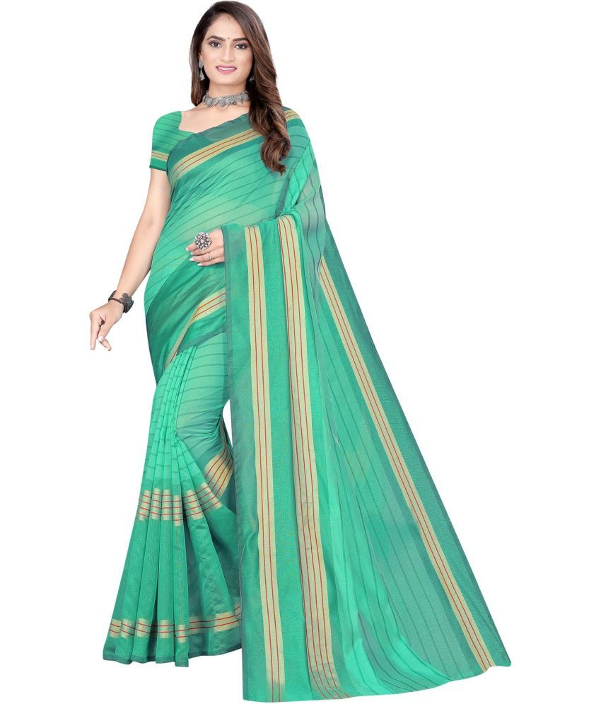     			Saadhvi Cotton Silk Striped Saree With Blouse Piece - Green ( Pack of 1 )