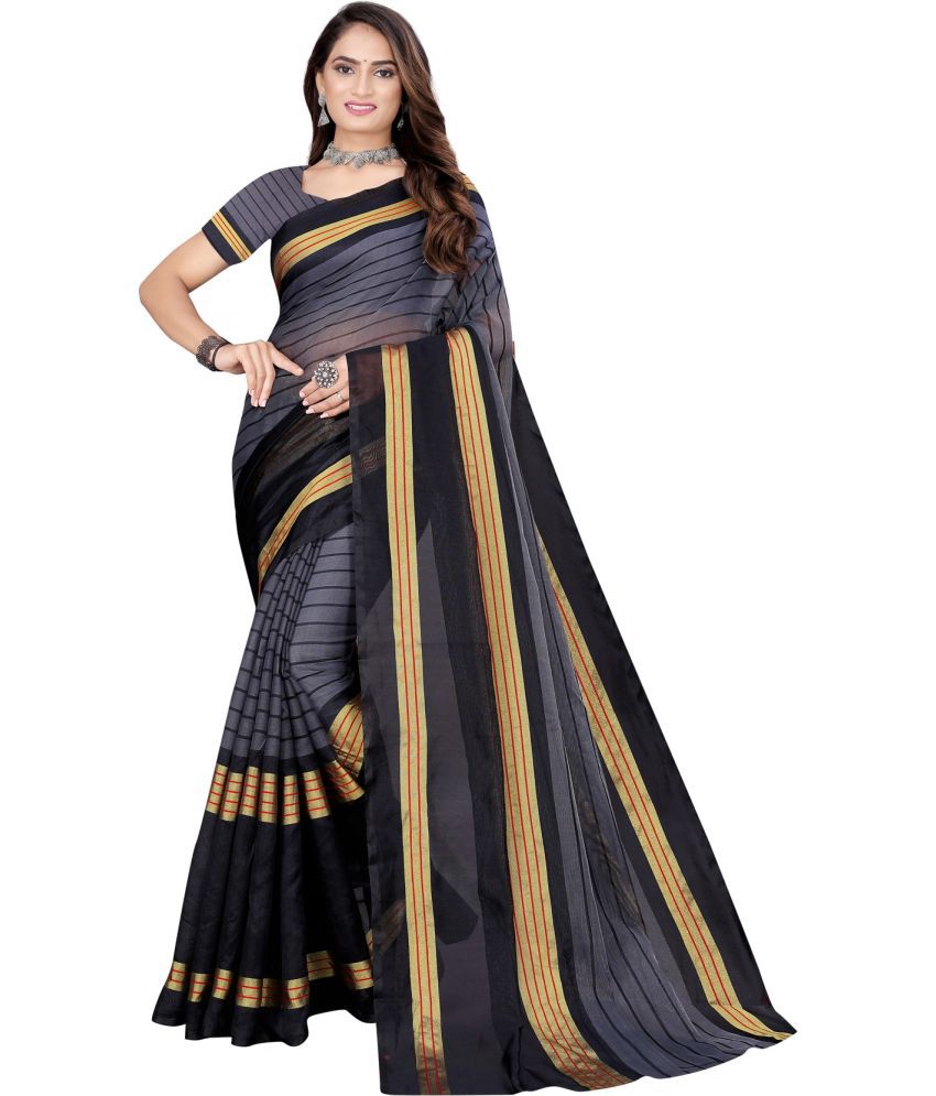     			Saadhvi Cotton Silk Striped Saree With Blouse Piece - Black ( Pack of 1 )