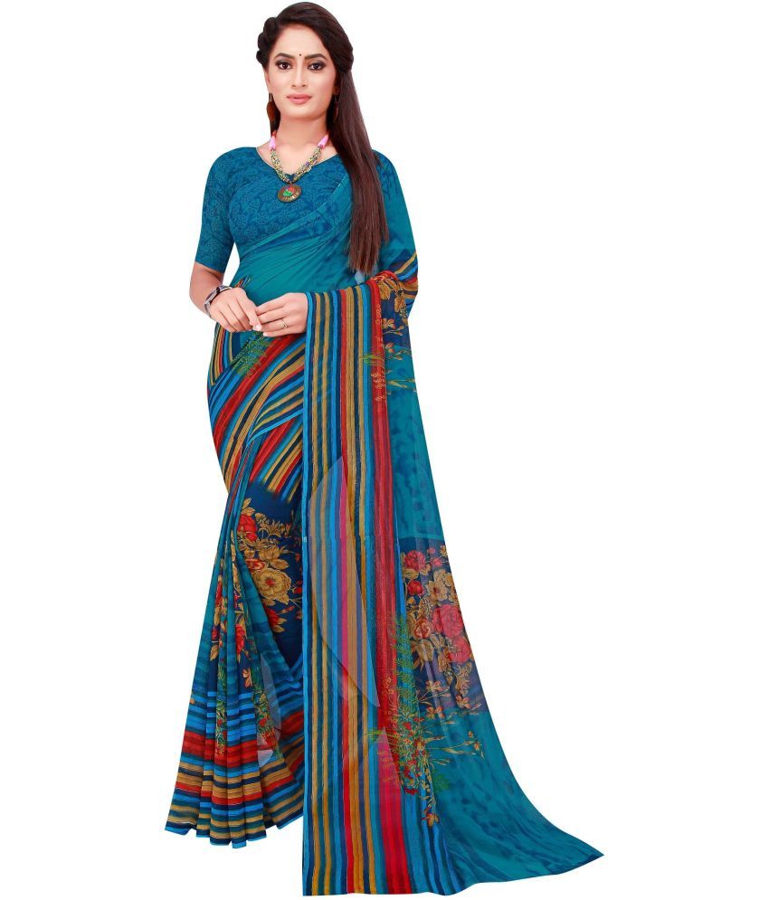     			Saadhvi Georgette Printed Saree With Blouse Piece - Blue ( Pack of 1 )