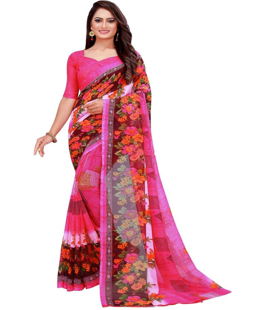     			Saadhvi Georgette Printed Saree With Blouse Piece - Pink ( Pack of 1 )