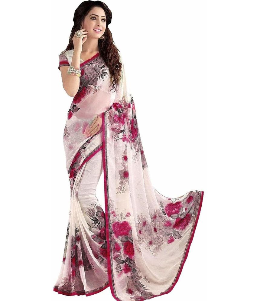     			Saadhvi Georgette Printed Saree With Blouse Piece - White ( Pack of 1 )