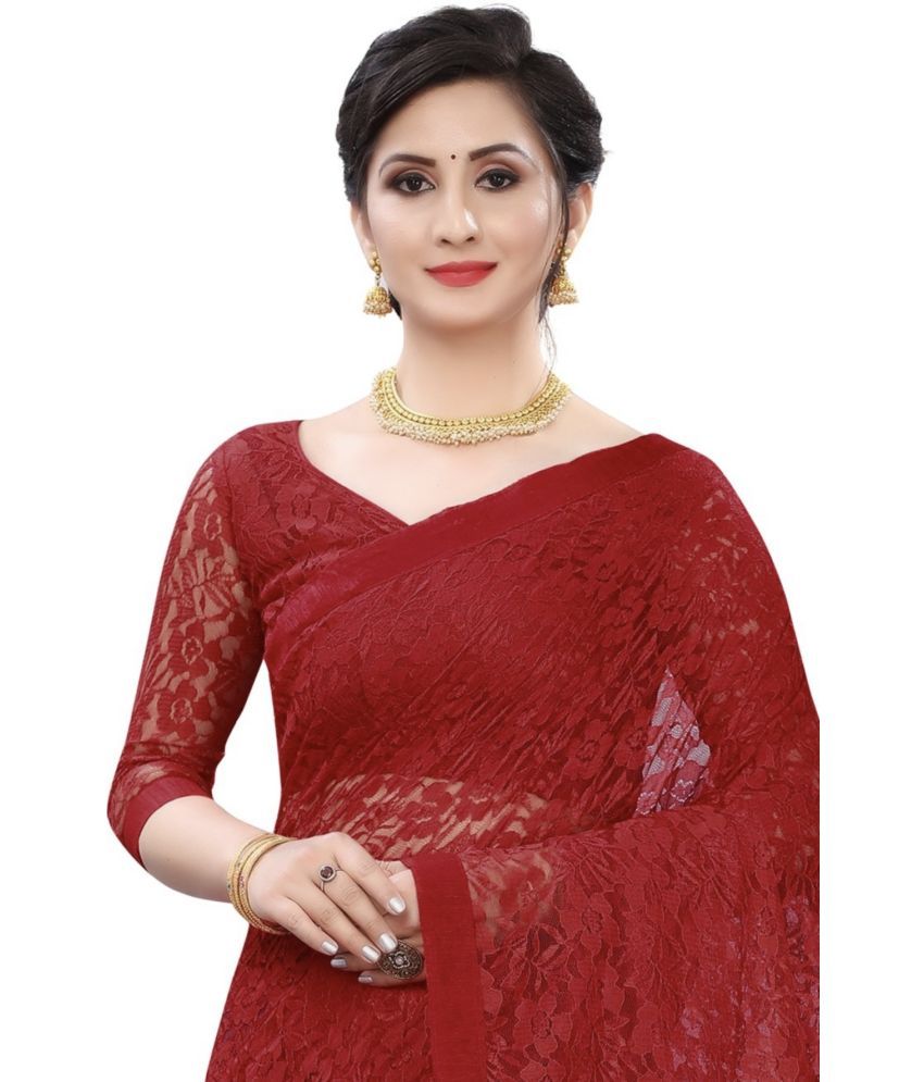     			Saadhvi Net Embellished Saree With Blouse Piece - Maroon ( Pack of 1 )