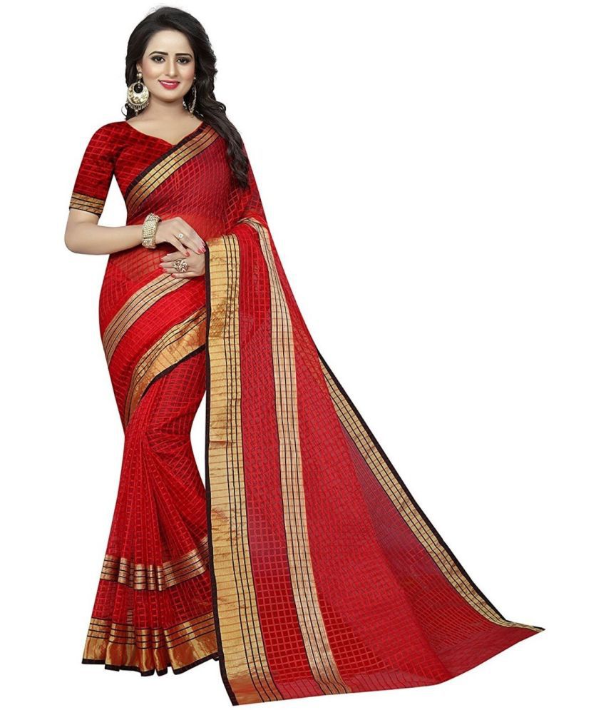     			Sadhvi Cotton Silk Striped Saree With Blouse Piece - Red ( Pack of 1 )