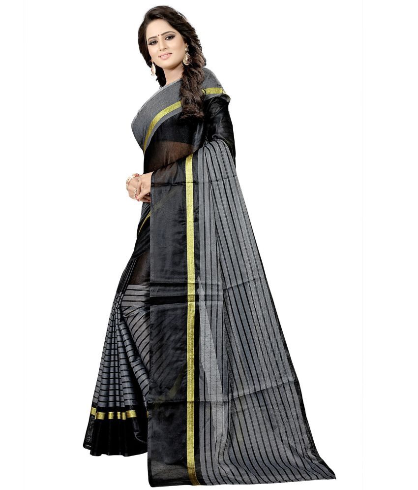     			Sadhvi Cotton Silk Striped Saree With Blouse Piece - Black ( Pack of 1 )