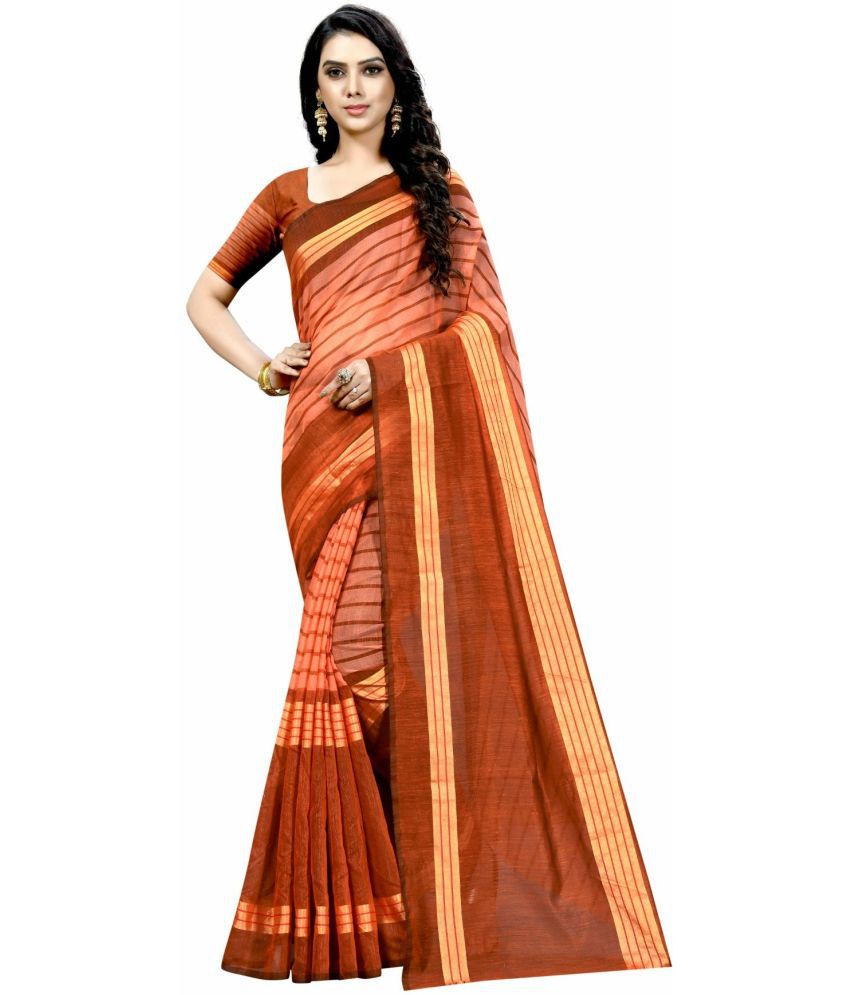     			Sadhvi Cotton Silk Striped Saree With Blouse Piece - Orange ( Pack of 1 )