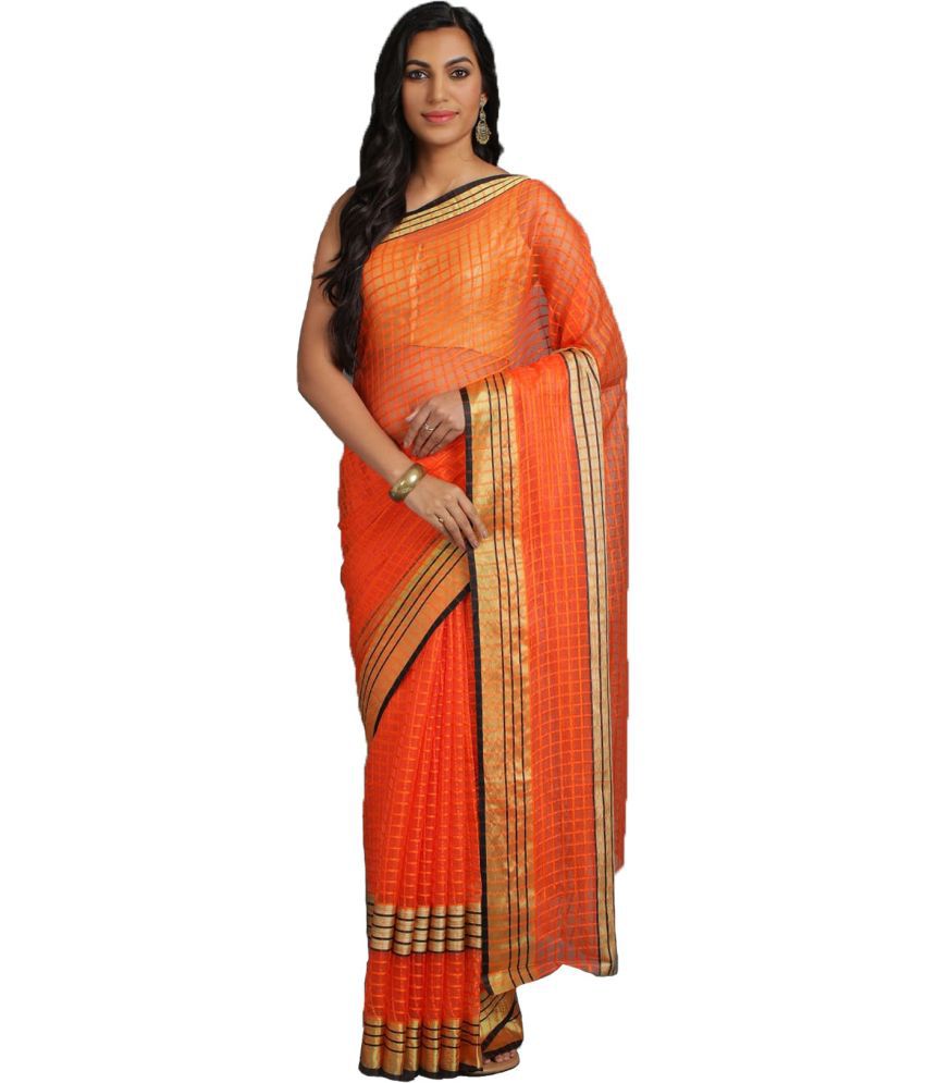     			Sadhvi Cotton Silk Striped Saree With Blouse Piece - Orange ( Pack of 1 )