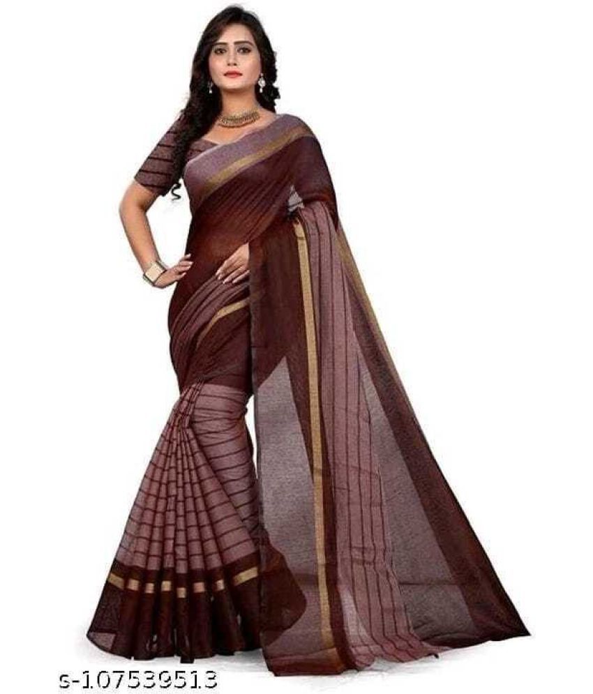     			Sadhvi Cotton Silk Striped Saree With Blouse Piece - Brown ( Pack of 1 )