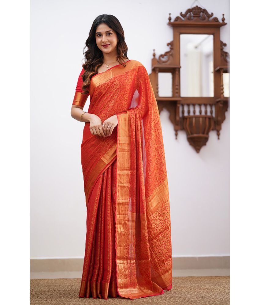     			Anjanaya  sarees Banarasi Silk Woven Saree With Blouse Piece - Red ( Pack of 1 )