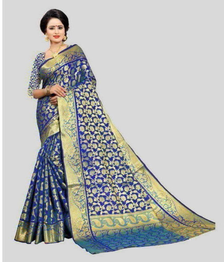     			Gazal Fashions Banarasi Silk Embellished Saree With Blouse Piece - Blue ( Pack of 1 )