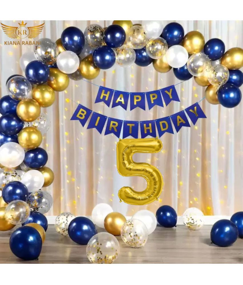     			KR 5TH HAPPY BIRTHDAY PARTY DECORATION WITH HAPPY BIRTHDAY FOIL BALLOON 12 BLUE 12 WHITE 12 GOLD BALLOON 1 NET CURTAIN 1 LIGHT 4 CONFETI 1 ARCH 1 GLUE 1 RIBBON 5 NO. GOLD FOIL BALLOON