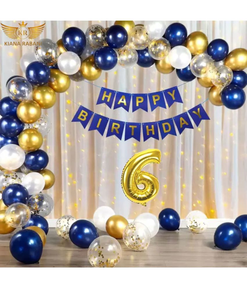     			KR 6TH HAPPY BIRTHDAY PARTY DECORATION WITH HAPPY BIRTHDAY FOIL BALLOON 12 BLUE 12 WHITE 12 GOLD BALLOON 1 NET CURTAIN 1 LIGHT 4 CONFETI 1 ARCH 1 GLUE 1 RIBBON 6 NO. GOLD FOIL BALLOON