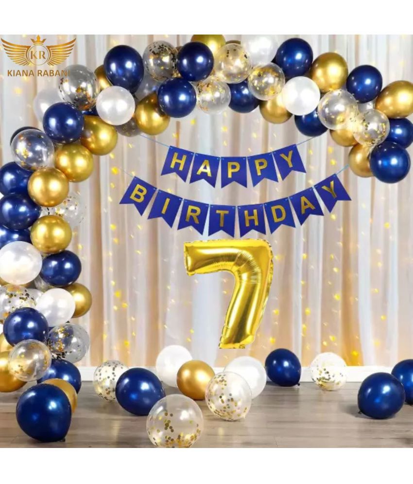     			KR 7TH HAPPY BIRTHDAY PARTY DECORATION WITH HAPPY BIRTHDAY FOIL BALLOON 12 BLUE 12 WHITE 12 GOLD BALLOON 1 NET CURTAIN 1 LIGHT 4 CONFETI 1 ARCH 1 GLUE 1 RIBBON 7 NO. GOLD FOIL BALLOON