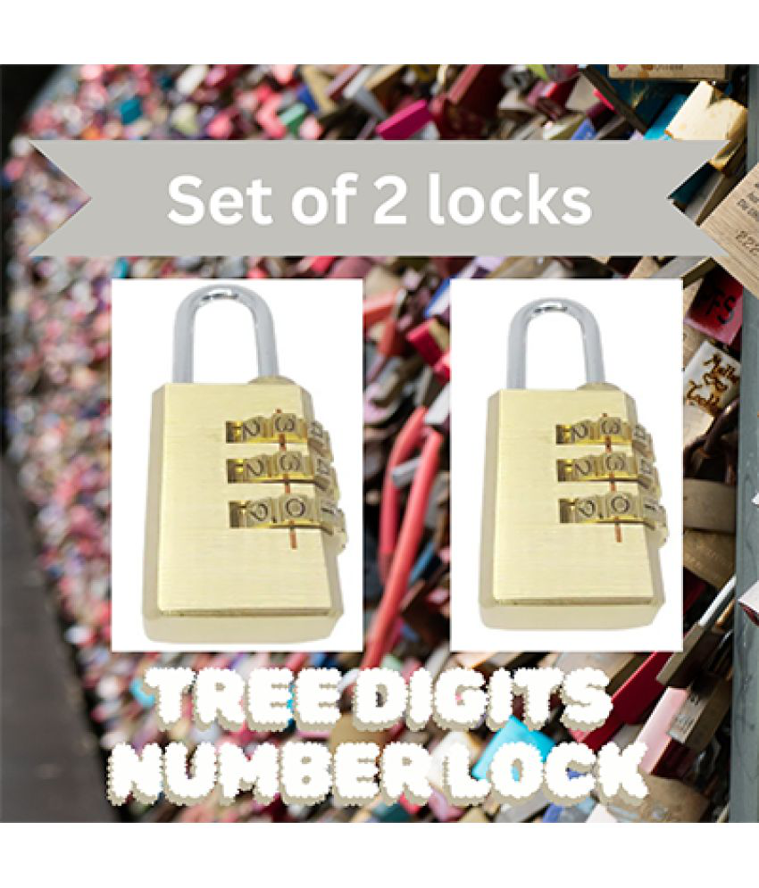     			Unikkus Set of 2 , Three Digits Brass made safety number combination lock for luggage, Bag, Travelling padlock