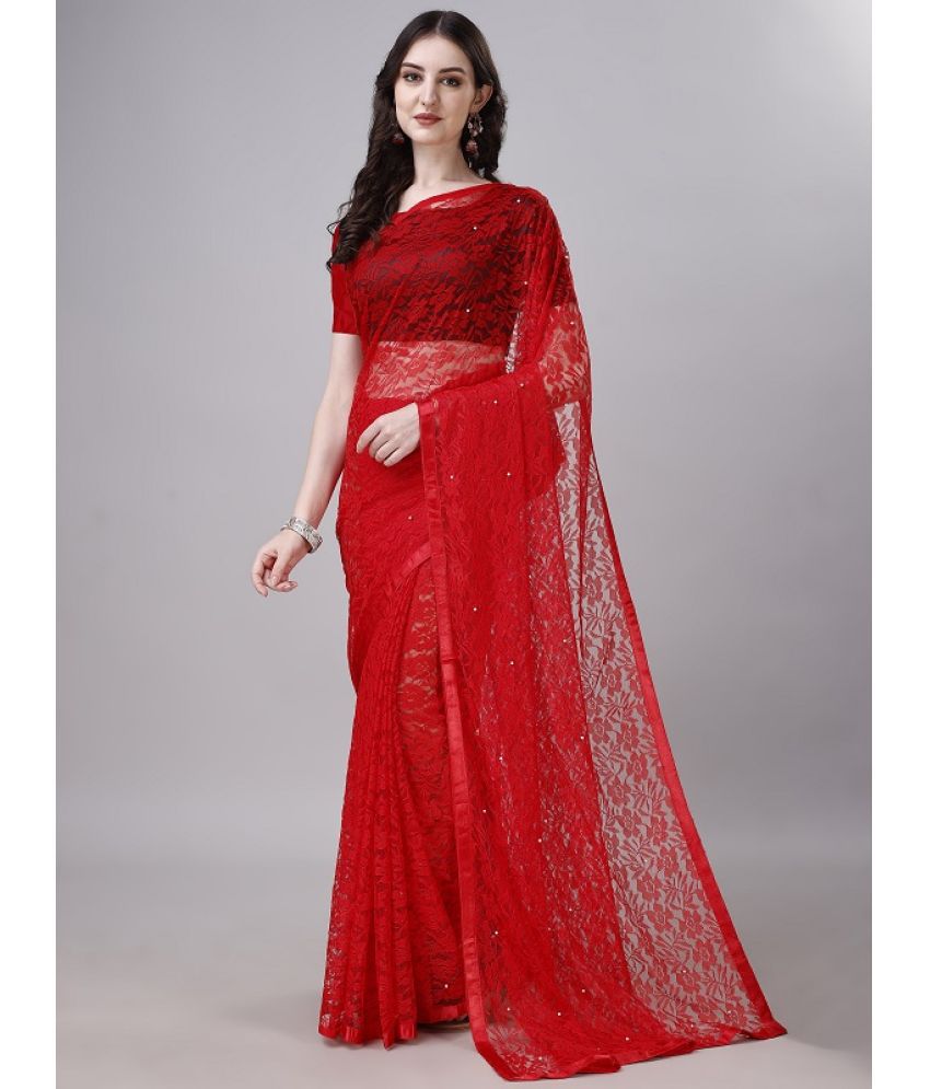     			VERVIZA Net Embroidered Saree With Blouse Piece - Red ( Pack of 1 )