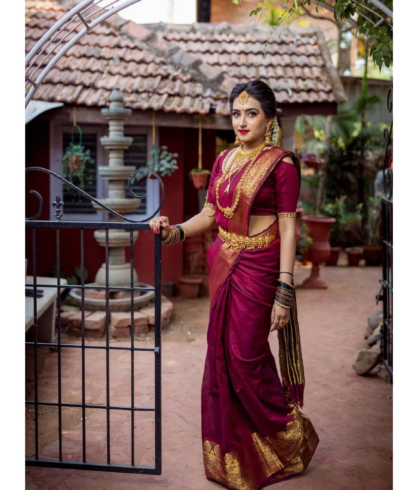     			Aika Banarasi Silk Embellished Saree With Blouse Piece - Maroon ( Pack of 1 )
