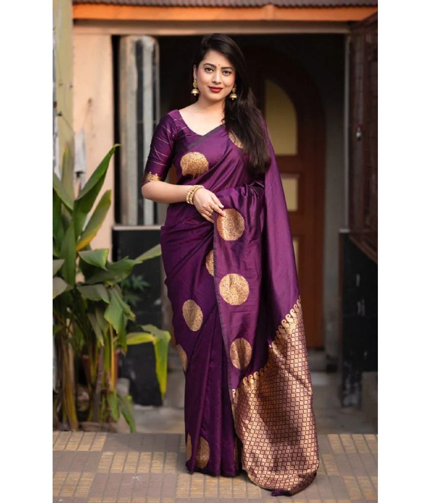     			Aika Banarasi Silk Embellished Saree With Blouse Piece - Purple ( Pack of 1 )