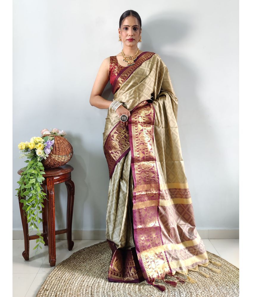     			Aika Banarasi Silk Embellished Saree With Blouse Piece - Brown ( Pack of 1 )