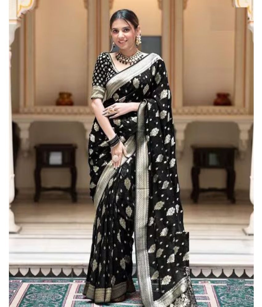     			Aika Banarasi Silk Embellished Saree With Blouse Piece - Black ( Pack of 1 )