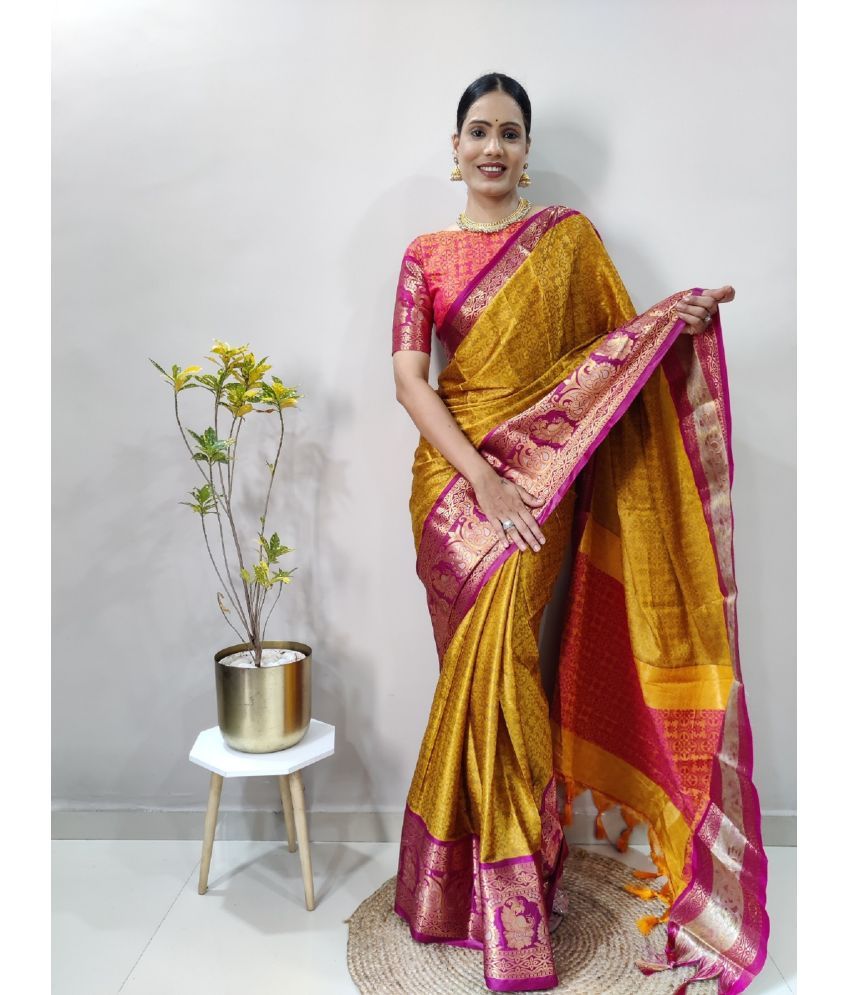     			Aika Banarasi Silk Embellished Saree With Blouse Piece - Mustard ( Pack of 1 )