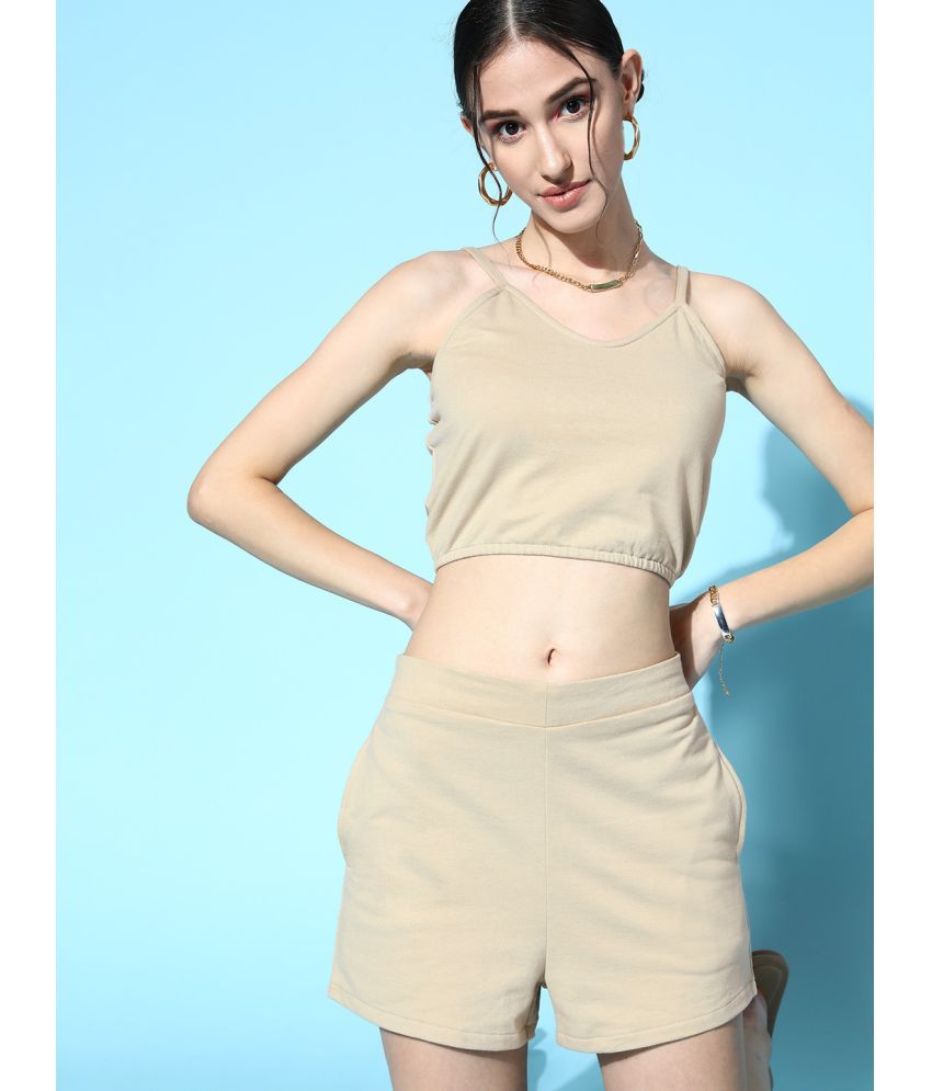     			Athena Beige Solid Shorts Top Set