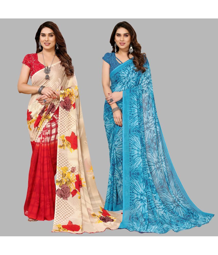     			Kashvi Sarees Georgette Printed Saree With Blouse Piece - Multicolor ( Pack of 2 )