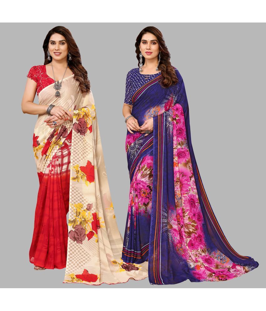     			Kashvi Sarees Georgette Printed Saree With Blouse Piece - Multicolor ( Pack of 2 )