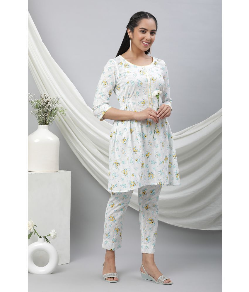     			Aurelia Cotton Blend Printed Kurti With Pants Women's Stitched Salwar Suit - White ( Pack of 1 )