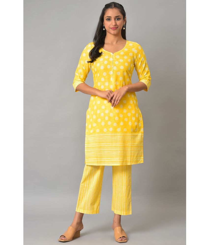     			Aurelia Cotton Printed Kurti With Palazzo Women's Stitched Salwar Suit - Yellow ( Pack of 1 )