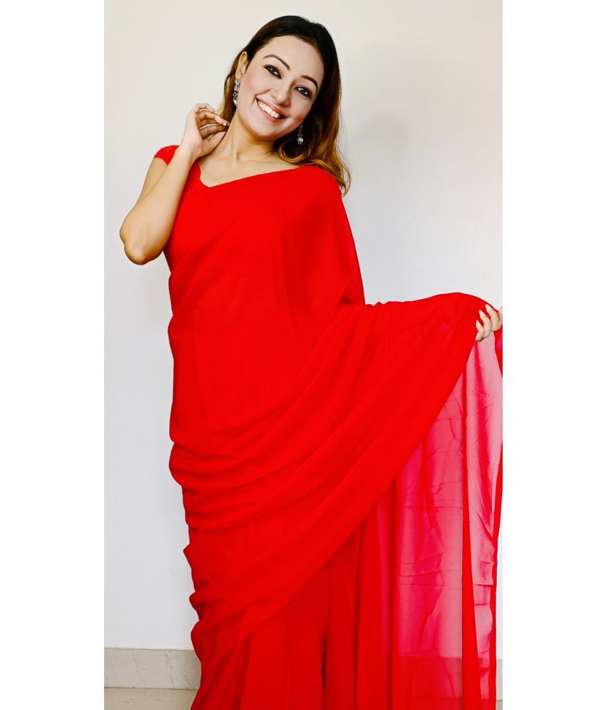     			ANAND SAREES Georgette Solid Saree With Blouse Piece - Red ( Pack of 1 )