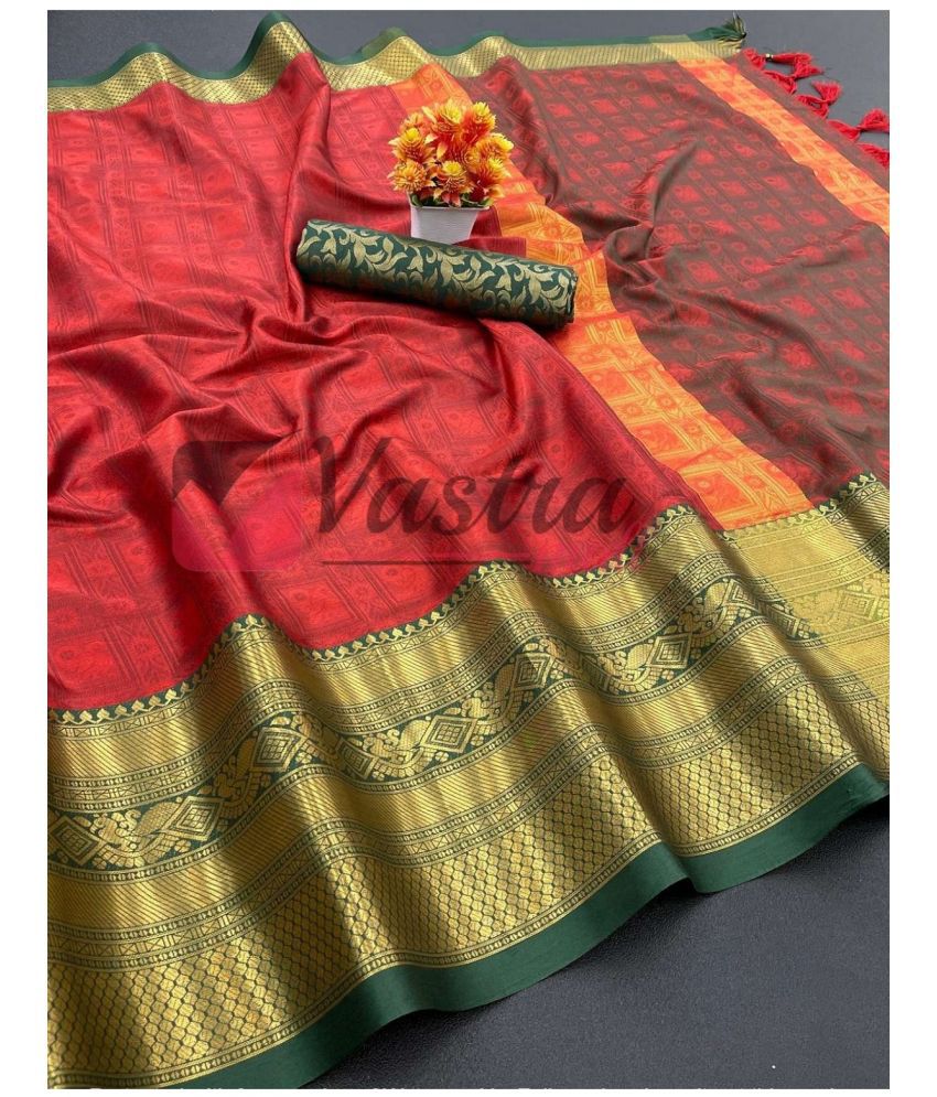     			Aika Cotton Silk Embellished Saree With Blouse Piece - Red ( Pack of 1 )