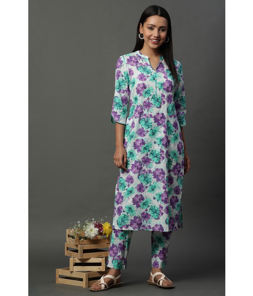     			Aurelia Cotton Printed Kurti With Pants Women's Stitched Salwar Suit - White ( Pack of 1 )